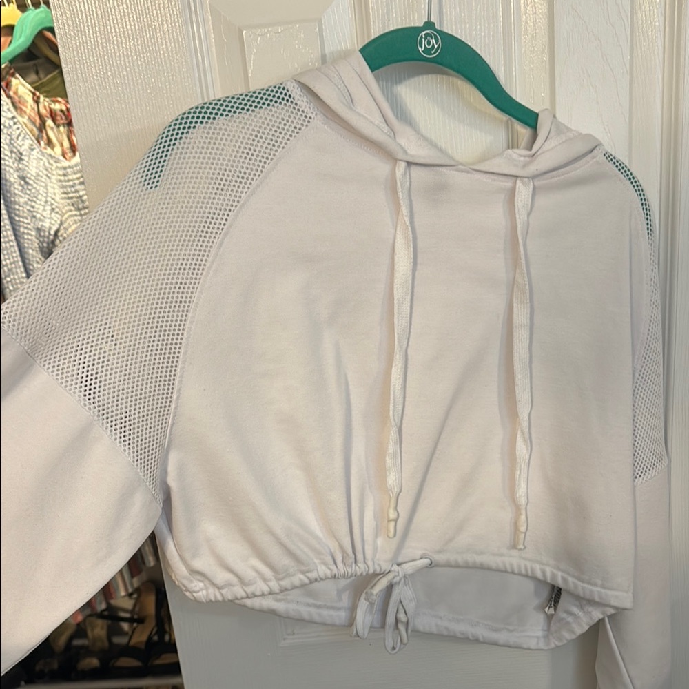 Women's White Hoodie Top with mesh sleeves
